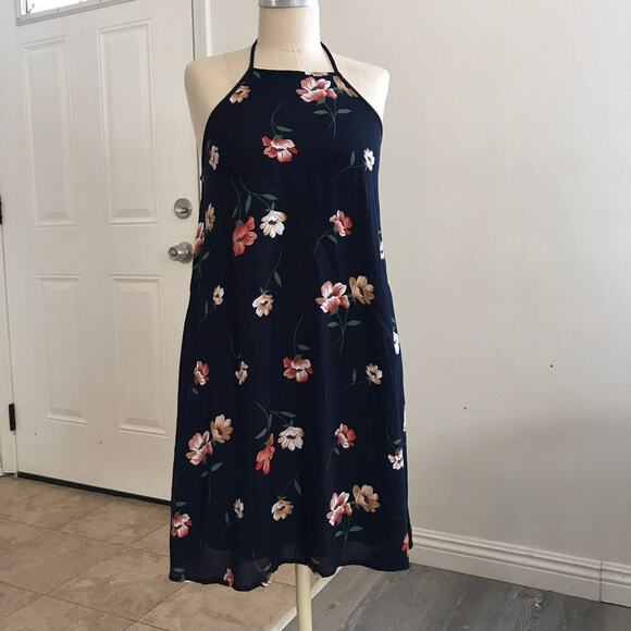 CozyCasual Woman's Navy Floral Print Halter Lined Mini Dress Small - Picture 1 of 7